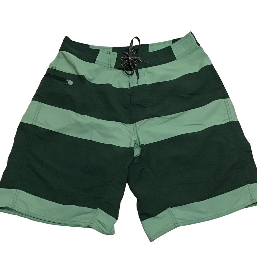 Patagonia Mens Sz 32 Board Shorts Swim Trunks Beach Surfing Green Shades Stripes